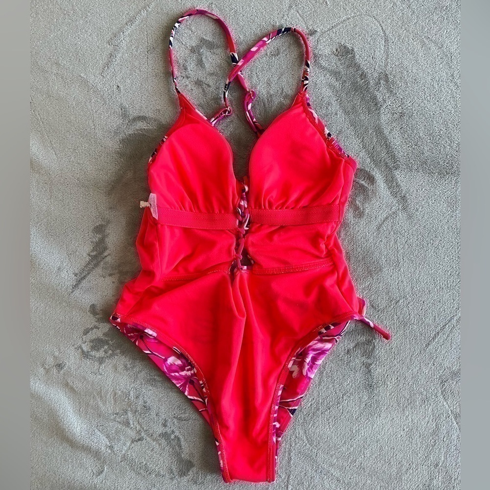 Xhilaration One Piece Swimsuit Medium Red Floral Lace Up Front - Picture 5 of 7